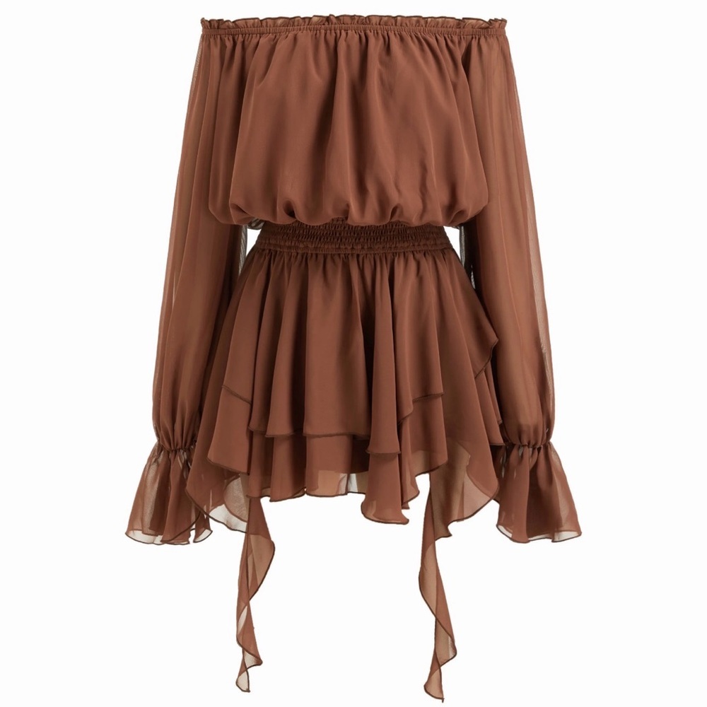 Cider OFF-SHOULDER LANTERN SLEEVE ASYMMETRICAL RUFFLE HEM MINI DRESS XS - Picture 2 of 7